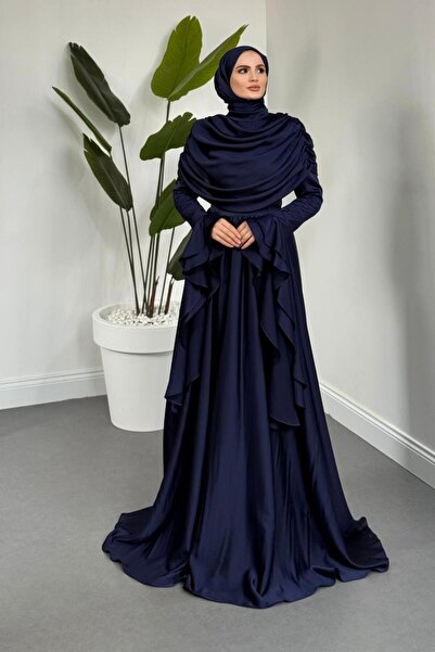 MERVEN AKYÜZ Sharin Drapeli Kolları Fırfırlı Abiye Lacivert
