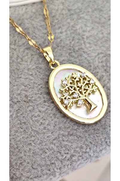 DİAVENTA TAKI VE AKSESUAR قلادة من الفولاذ الذهبي طراز شجرة الحياة من الفولاذ...