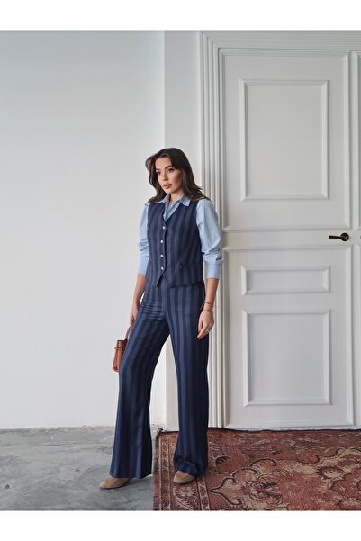 MAXXANA Striped Buttoned Vest and Pants Set