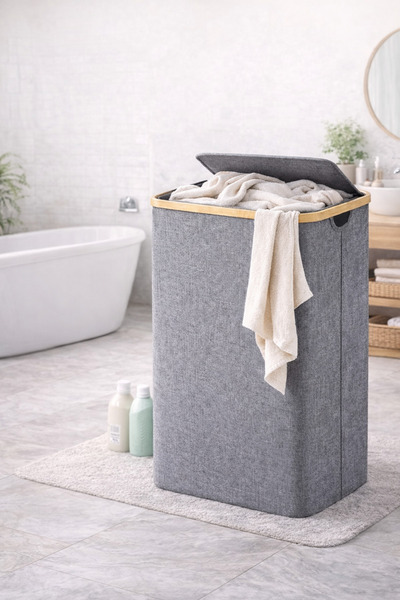 welcomein 100 L Bambu Kenarlı Kapaklı Çamaşır Sepeti – Gri Kumaş, 44x33x70 cm...