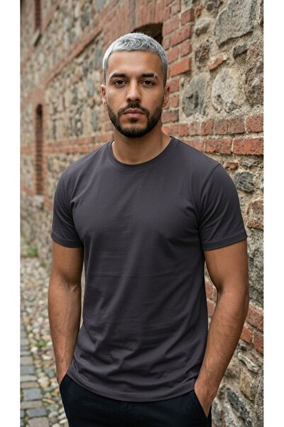 CLAW UP WORK Antrasit Erkek Basic Tişört Pamuklu Bisiklet Yaka Rahat Kesim
