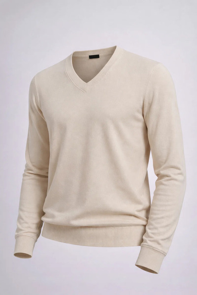 COMBİNE MİCHAİL Men's Casual V-Neck Cream Knit Sweater