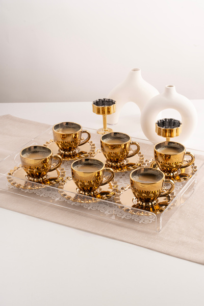 AslıHediyelik 6 Kişilik 12 Parça Gold Aura Model Türk Kahvesi Fincan Takımı,Ç...
