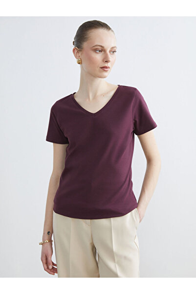 LC Waikiki Mürdüm V Yaka Kadın Tişört