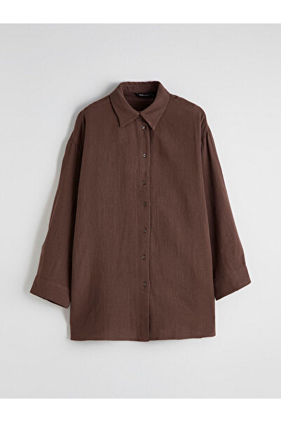 LC Waikiki Καφέ Γυναικείο Πουκάμισο Τουνίκ από Μουσελίνα