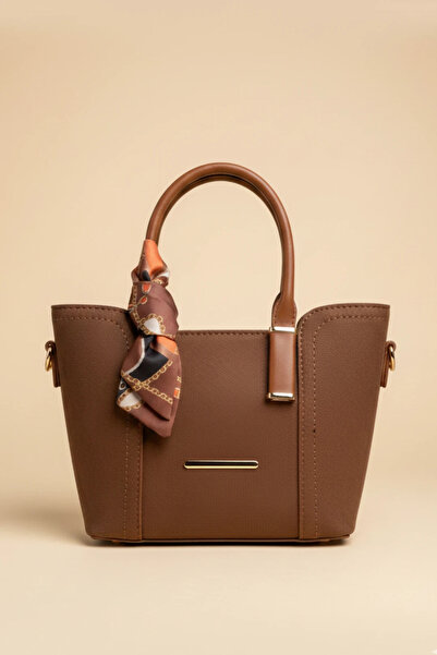 cemo Fular Detaylı Süet El ve Omuz Çantası STD Kahve