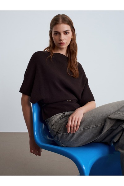 Serpirella Butik Boat Neck Batwing Sleeve Belted Knit Sweater