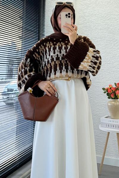 MELEK ARAZ Pinterest Model Balloon Sleeve Short Knit Sweater - Brown
