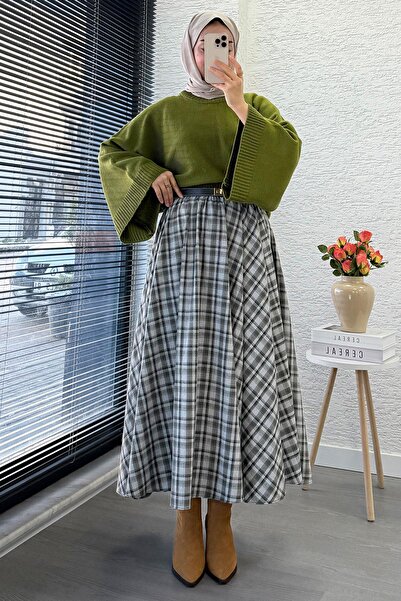 MELEK ARAZ Fusta cu model în carouri cu talie elastică - verde