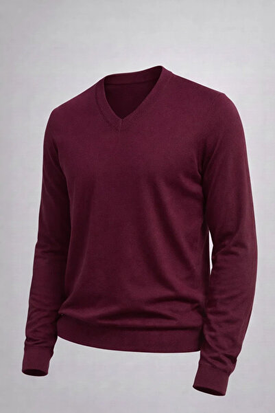 COMBİNE MİCHAİL Men's Casual V-Neck Burgundy Knitwear Sweater
