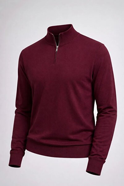 COMBİNE MİCHAİL Men's Half Zipper Burgundy Knit Sweater