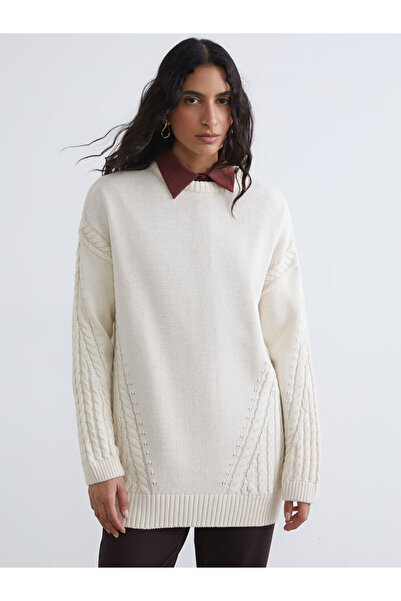 LC Waikiki Ecru Crew Neck Self Patterned Women's Knitwear Tunic