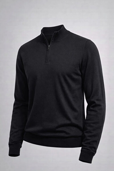 COMBİNE MİCHAİL Men's Half Zip Black Knit Sweater