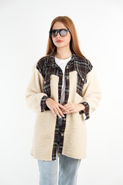 MODAMERSİ Women's Cream-Black Buttoned Front Garni Detailed Plush Jacket