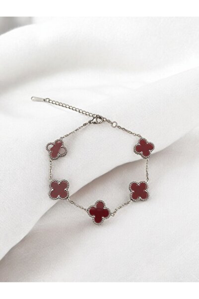 Arya Steel Silver Burgundy Clover Bracelet