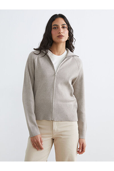 LC Waikiki Beige polo collar women's knit cardigan