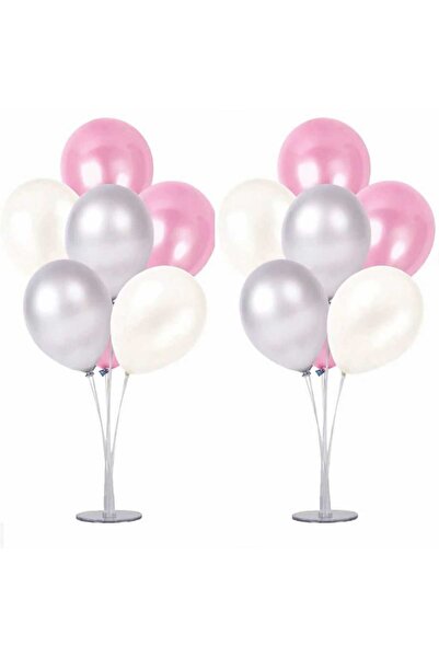 GÖRKEM TOPTAN PARTİ 2 Adet 7'li Balon Standı Ve 14 Adet Gümüş -Pembe - Beyaz ...