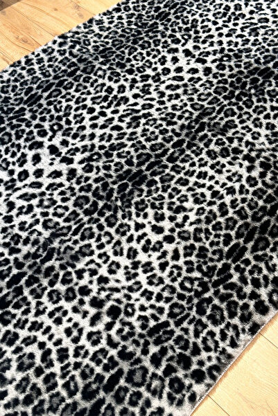Raschel Carpet Premium Seri Gri Tavşan Tüyü Leopar Desenli Kaymaz Taban Halı Yolluk