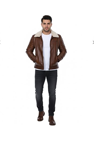 MASERTO Kahverengi Fermuarlı Kürklü Erkek Deri Ceket