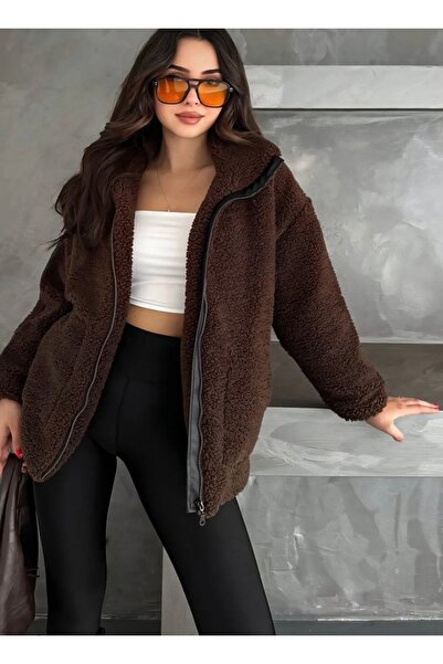 LUMİ Atelier Deri Piped Zippered Plush Coat – Lined, Pockets, Brown