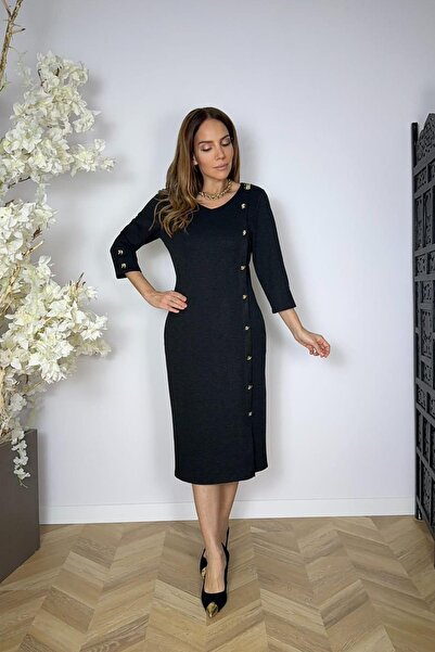 gesmoda G1648 Düğme ve Cep Detaylı Elbise Siyah