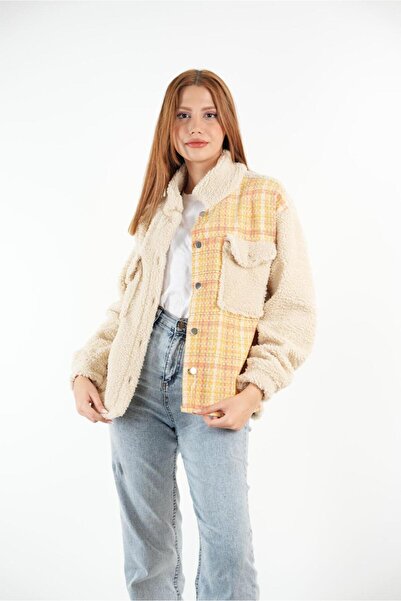 LE CARAMBOLE Women's Cream-Yellow Buttoned Front Garni Detailed Plush Jacket