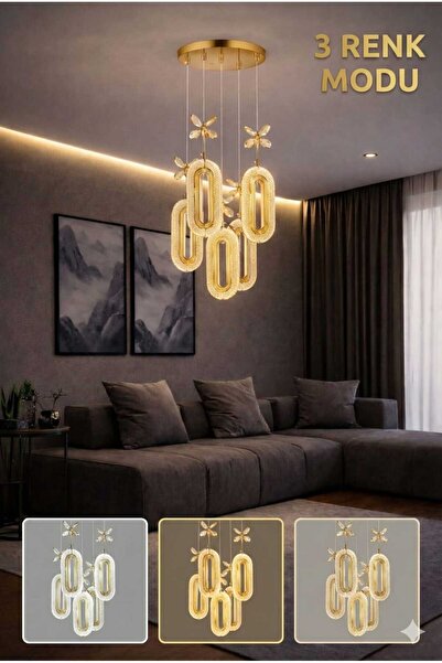 AURA LIGHTING 5'Li Gold Elips Sarkıt Avize 3 Renk LED Modern Avize