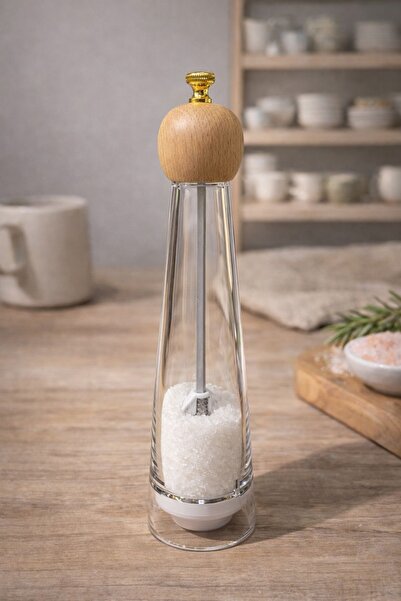 Mutfika Ahşap Başlıklı Şeffaf Akrilik Tuzluk Karabiberlik Baharat Öğütücü Değ...