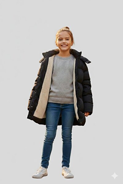 ASYAKİDS CLUB Girl's Winter Hooded Fur Inside Full Filling Inflatable Coat