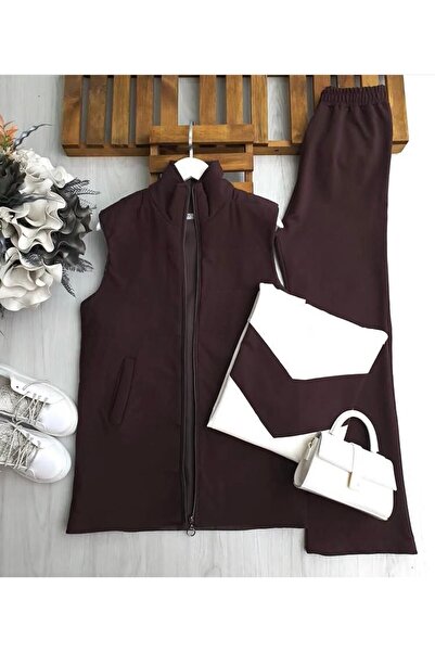 asyadabutik Women's Fiber Wool Filled Quilted Vest Set Tunic Pants Vest 3-Pie...