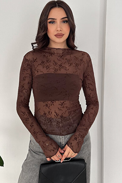 fiolin بلوزة فلوك مطبوع من التول الشفاف