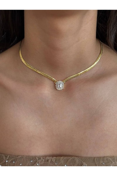 h&b design jewel Çelik Baget Taşlı Balık Sırtı Zincirli Kolye