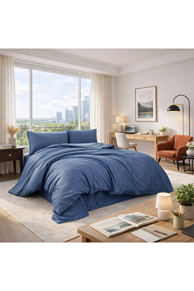 HAMRALİFE طقم غطاء لحاف مزدوج من الساتان 200 × 220 سم بنمط خطوط باللون الأزرق...