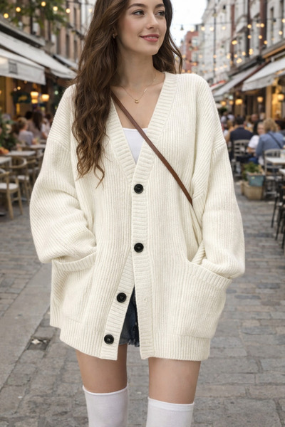 Tarz Cool Women's Ecru Oversized Pocket Buttoned V-Neck Knitwear Cardigan