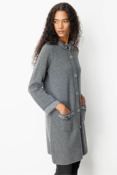 Desen Triko Desen Mock Neck Long Wool Coat with Embroidered Sleeves and Pocke...
