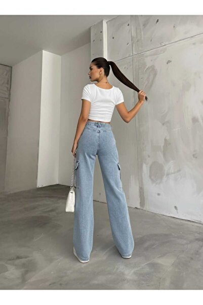 NWC Maxy material elastic Blugi pentru femei Ice Blue Cargo Wash Super talie ...