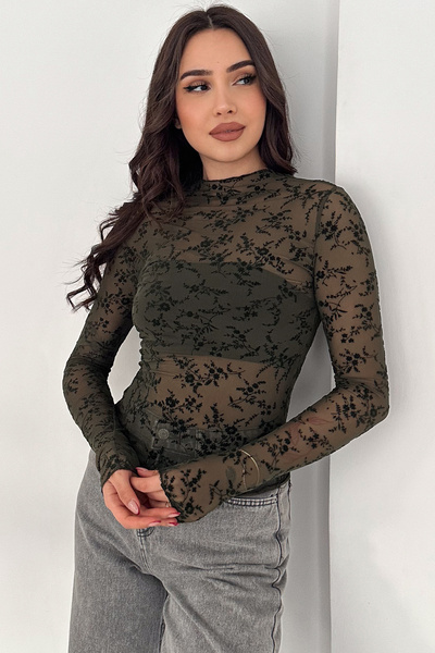 fiolin Flok Printed Transparent Tulle Blouse