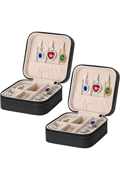 LETURE Small and Portable Jewelry Box for Travel by (2 Pieces, Black)