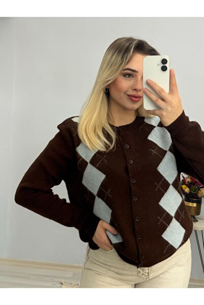 ElifÇakıl Coffee Baklava Pattern Cardigan