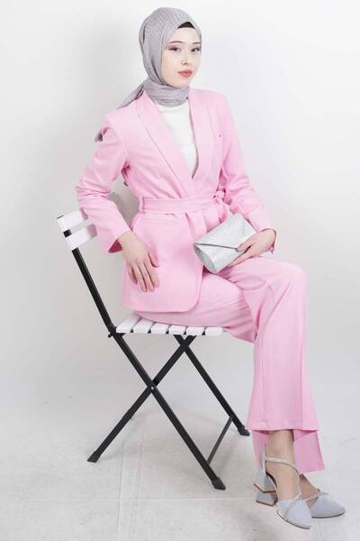 03KIZKULESITEKS Hijab Suit Single Button Collar Curled Blazer Double Suit Pink