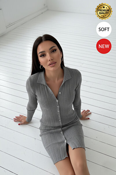 Millionaire Women's Gray Polo Neck Stretchy Button Detailed Knitwear Slim Pen...
