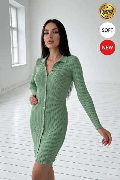 Millionaire Kadın Mint Su Yeşili Polo Yaka Esnek Düğme Detalylı Triko Slim Ka...