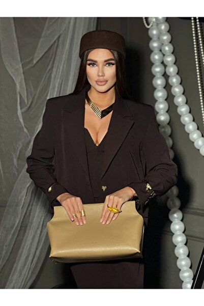 alieva Kahverengi Kruvaze Ceketli Büstiyerli Etek Takımı - 3 Parça Set