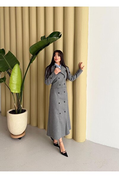 SEDA FİDAN BOUTIQUE Kaşe Jacket Skirt Set Gray