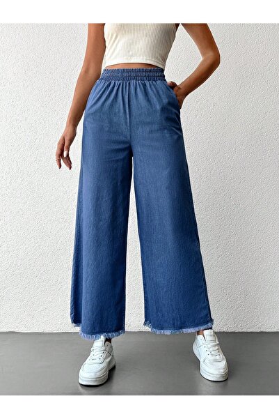 Kırmızı iz Beli Lastikli Tensel Jean Görünümlü Geniş Paça Pantolon paçası püs...