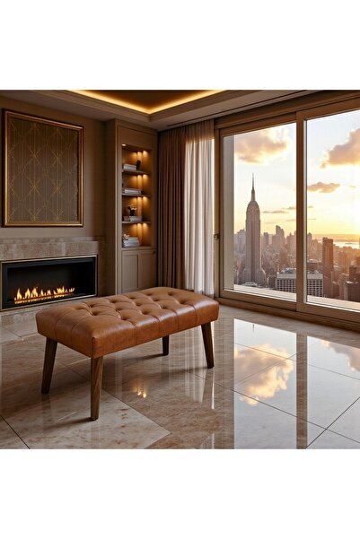 fursimo CHELSEA SERİSİ DERİ CHESTER AHŞAP AYAKLI BENCH PUF – 90×45 cm