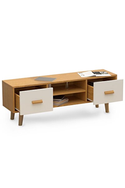 Mahmayi 301 Modern TV Table Stand with Storage Unit - Beech & White