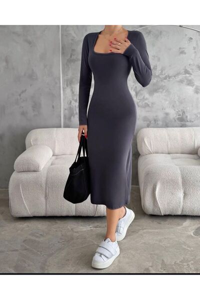SEHERGİYİM58 Kare Yaka Midi Boy Kalem Elbise