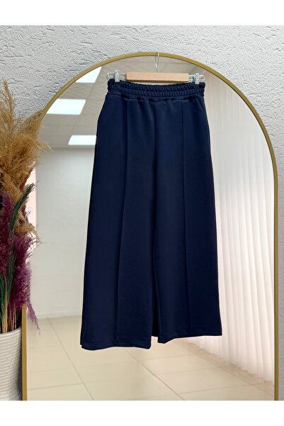 MİHRA STORE Zayna Wide Leg Striped Scuba Diving Pants-Mt3555 Navy Blue