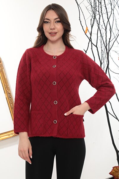 GÖMLEK GALERİSİ Women's Angora Argyle Patterned Crew Neck Cardigan Standard F...